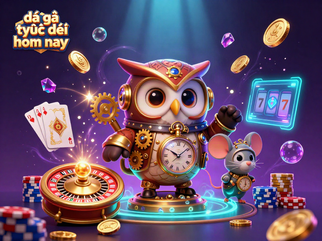 Engage in đá gà trực tiếp hôm nay with our vibrant 3D illustration of characters and casino elements.