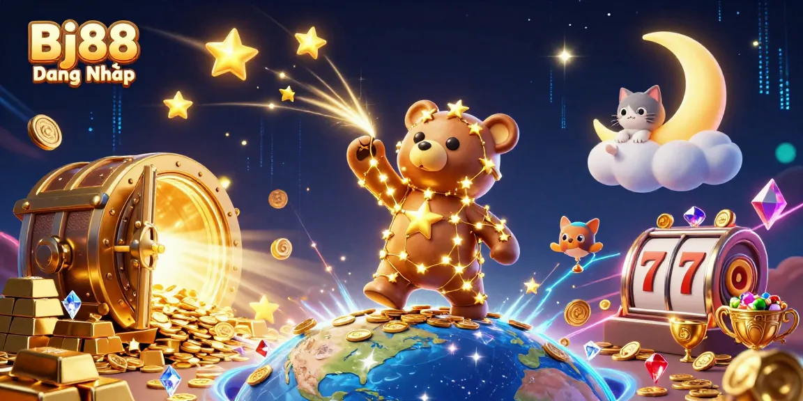 Experience the magic of Bj88 Đăng Nhập as the constellation bear scoops coins amidst colorful slot reels.