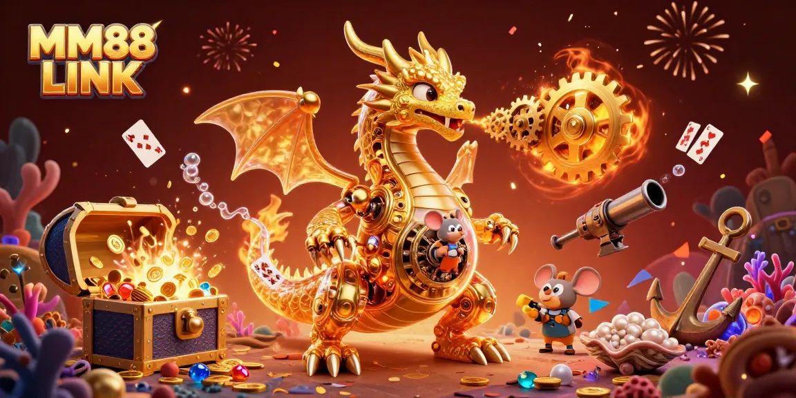 Experience thrilling gameplay with MM88 LINK, featuring a golden dragon amid treasure-filled underwater chaos.