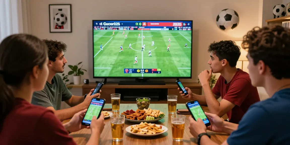 Engaged friends betting on Gacor25 while watching live football matches.