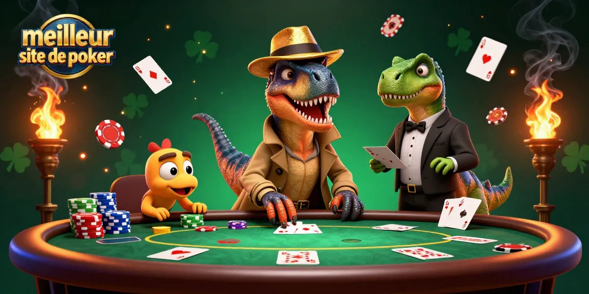 Joue au meilleur site de poker avec un velociraptor tentant de jouer discrètement à une table de poker.