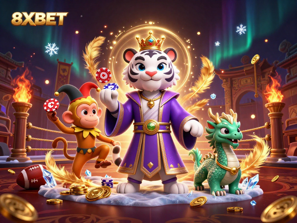 Experience the thrill of sports betting with 8XBET and dynamic casino gaming elements in this vibrant illustration.