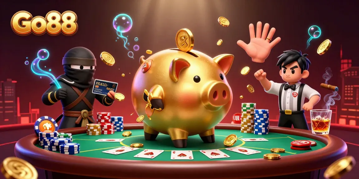 Engage in thrilling poker strategies with Go88's vibrant 3D scene featuring animated characters and dynamic casino elements.