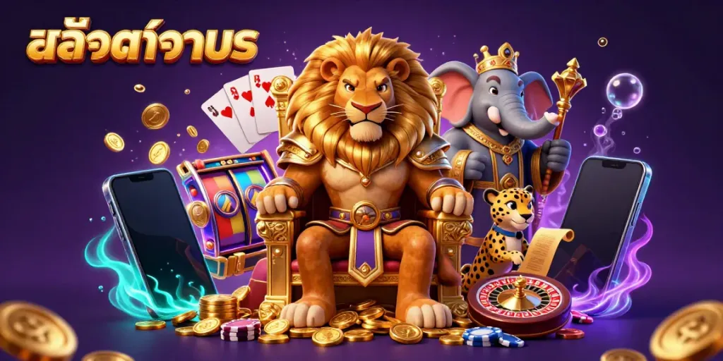 Engage with สล็อตทดลอง in this vibrant 3D illustration featuring a lion king, elephant advisor, and cheetah messenger, surrounded by classic casino elements.