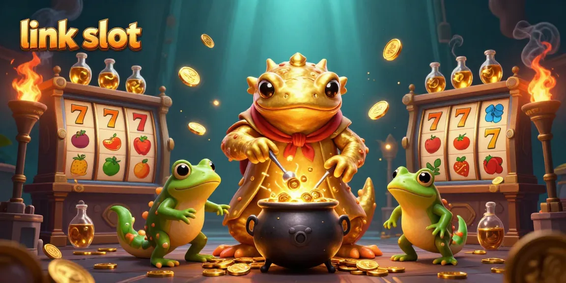 Experience thrilling wins at link slot with a dynamic scene of a golden salamander alchemist and slot gaming elements.