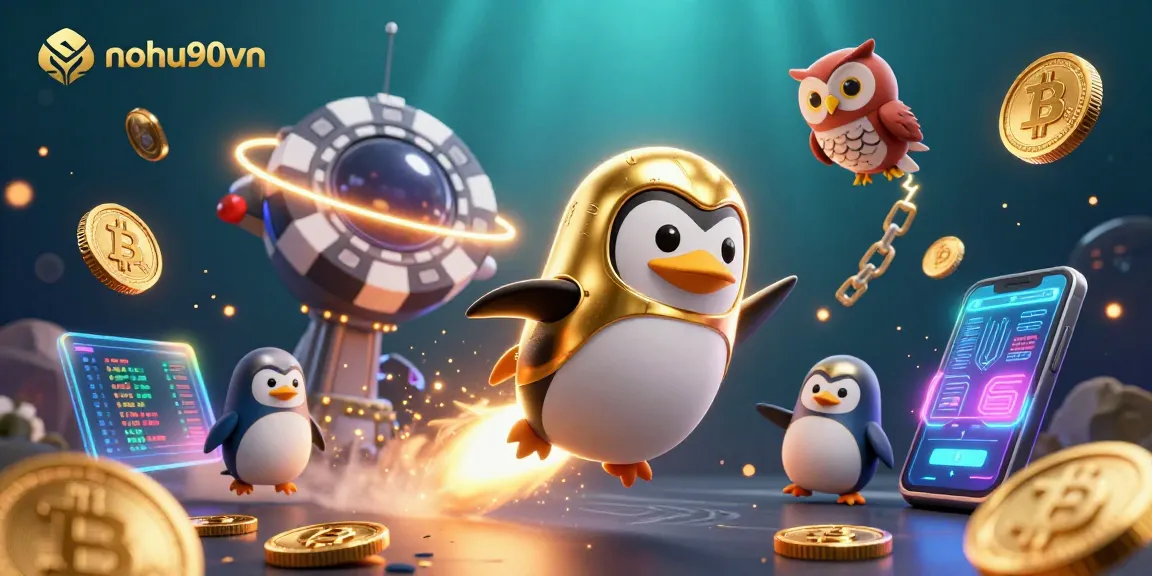 Nohu90vn highlights a golden penguin soaring to a casino space station, surrounded by vibrant cryptocurrency elements.