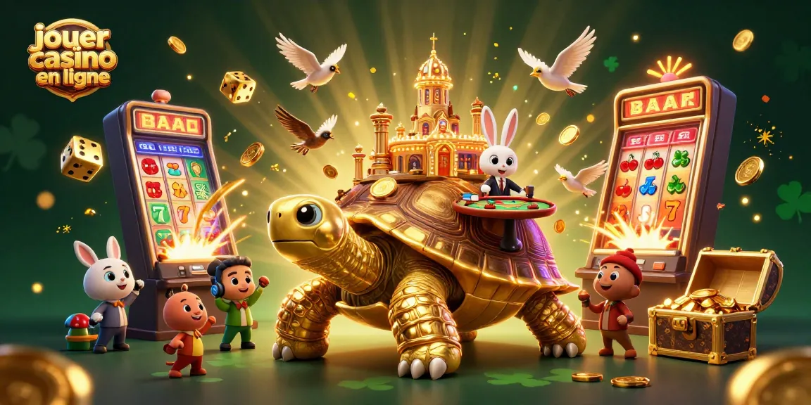 Jouer au casino en ligne avec une tortue dorée et un croupier, profits en jetons et feux d'artifice