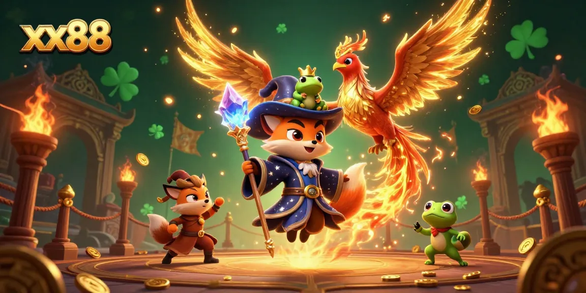 Bettors engage in thrilling wins at xx88 with a mystical wizard fox and phoenix in a vibrant casino scene.