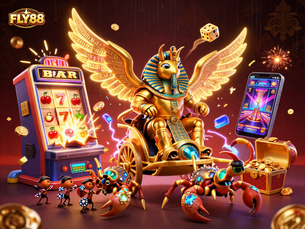 FLY88 offers exhilarating jackpot thrills with a vibrant 3D casino scene illustrating dynamic gaming action.