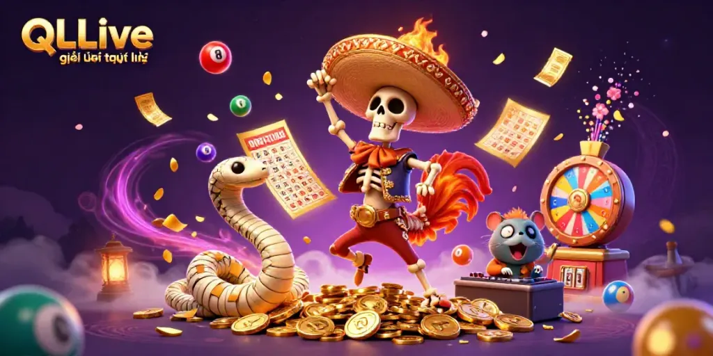 Experience QQLive giải trí trực tuyến in a vibrant, lively 3D scene featuring dynamic characters and gaming elements.