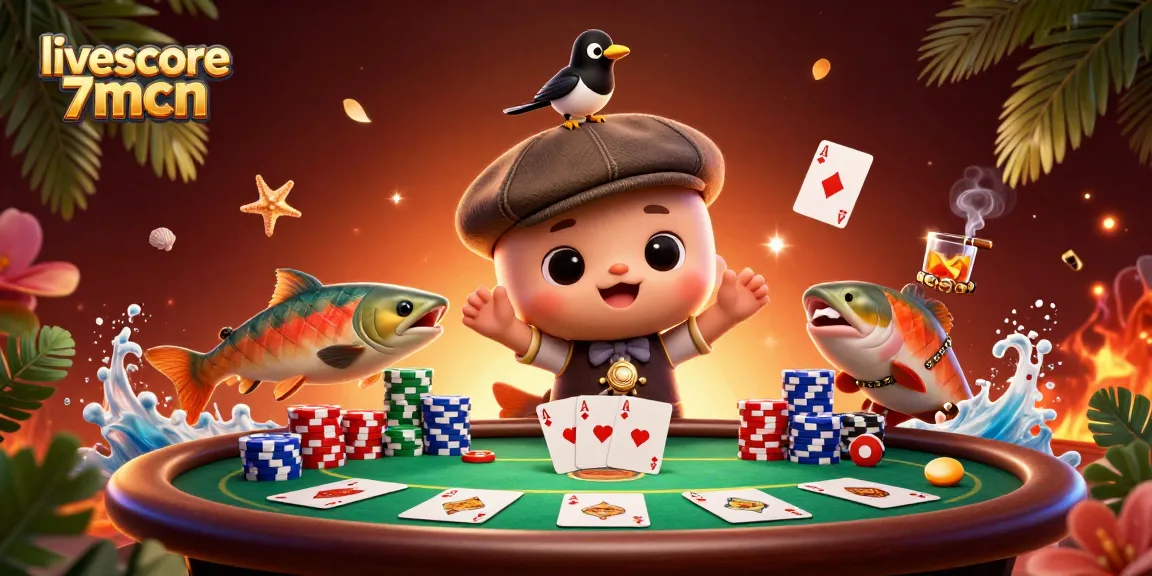 Engage with livescore 7mcn in a vibrant casino scene featuring Nessie and friends exploring exciting poker action.