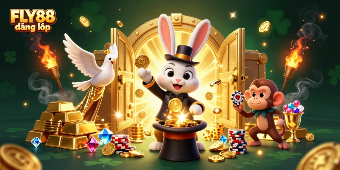 Experience FLY88 đăng nhập with a magical scene featuring a magician rabbit, dove, and monkey amid shimmering treasures.