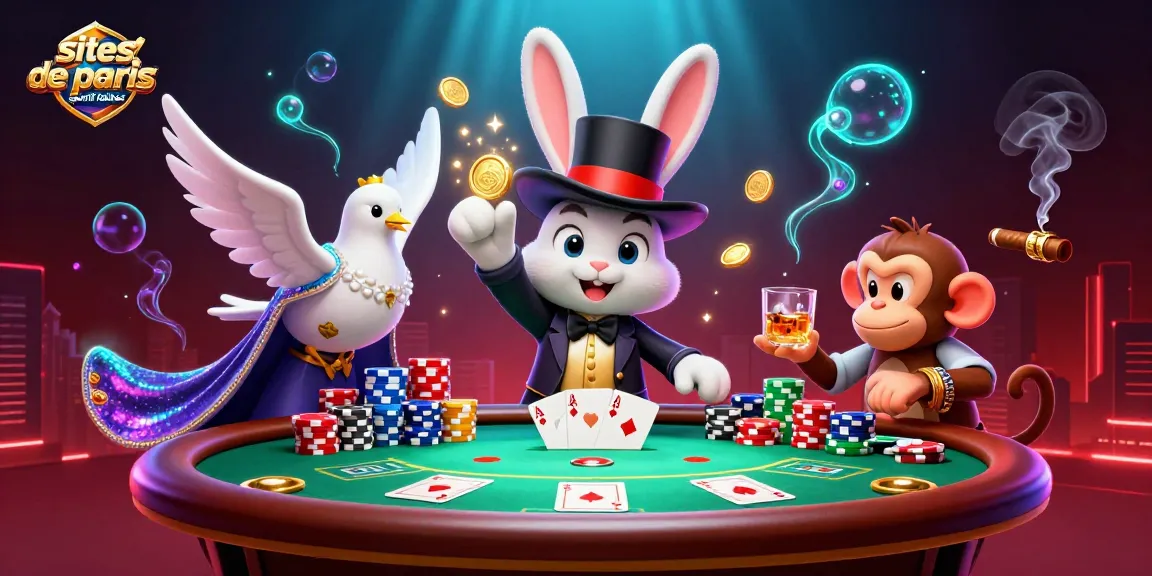 Visualisez les sites de paris sportifs fiables avec un magicien et un singe dans un casino animé.