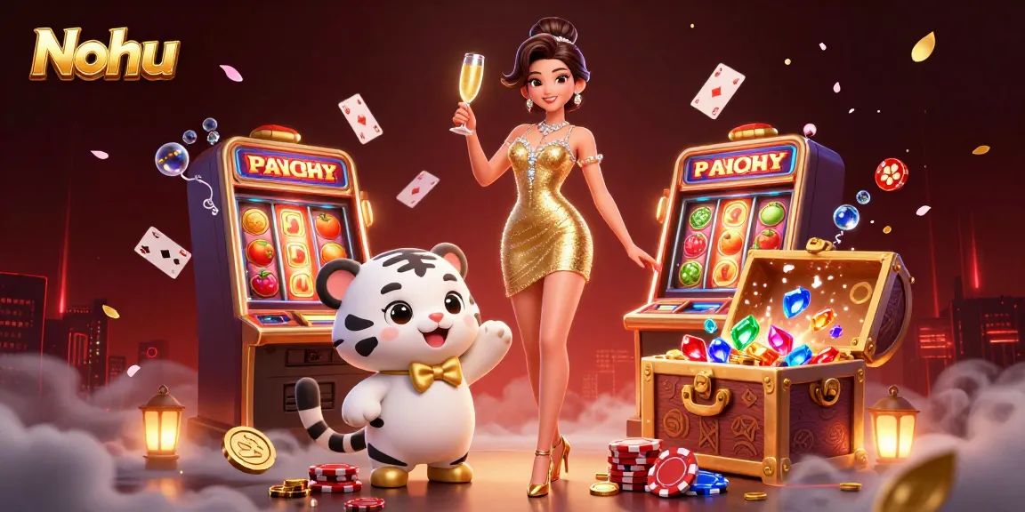 Nohu showcases exciting slots and jackpots with a glamorous woman and a lucky tiger.
