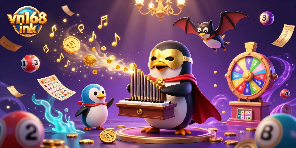 Spin and win with vn168 ink illustrated in a vibrant casino scene featuring a penguin organist.