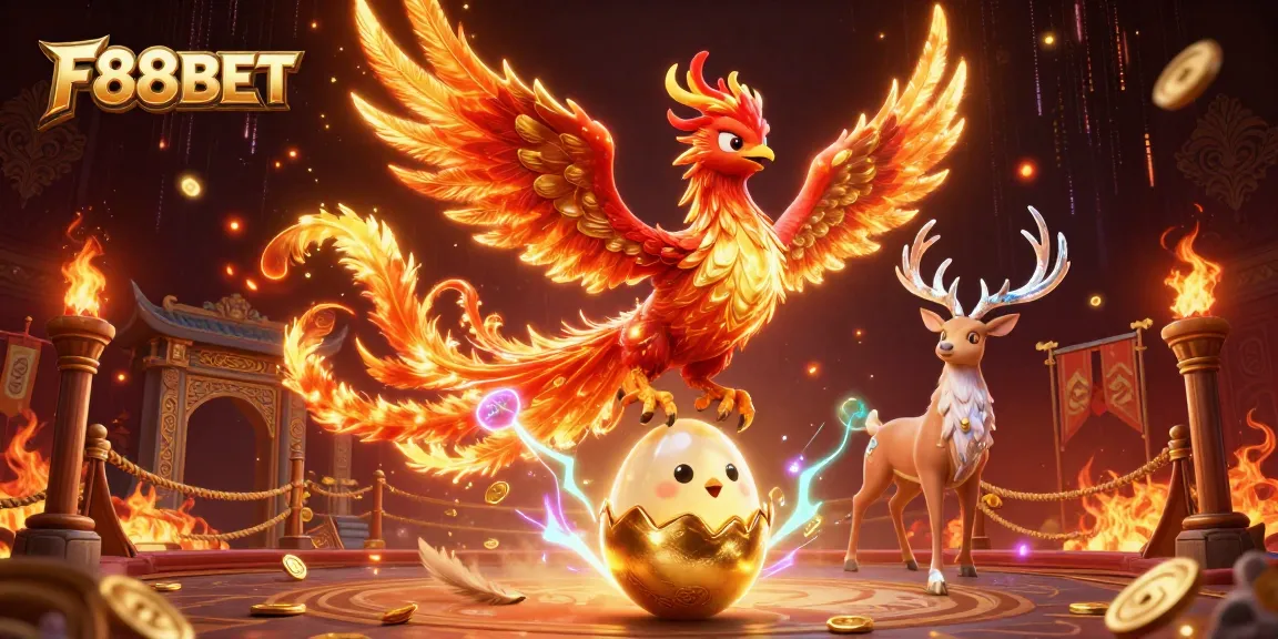 Experience thrilling gaming with F88BET, featuring a majestic phoenix and vibrant casino elements.