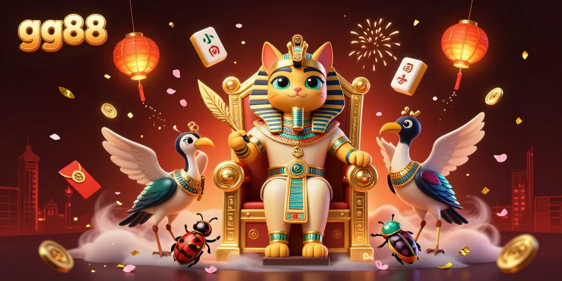 Engage with gg88's vibrant casino theme featuring Egyptian characters and mahjong tiles in a lively scene.