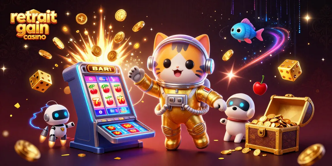 Retrait gain casino : chat astronaute et robot chien entourés de machines à sous et de pièces d'or