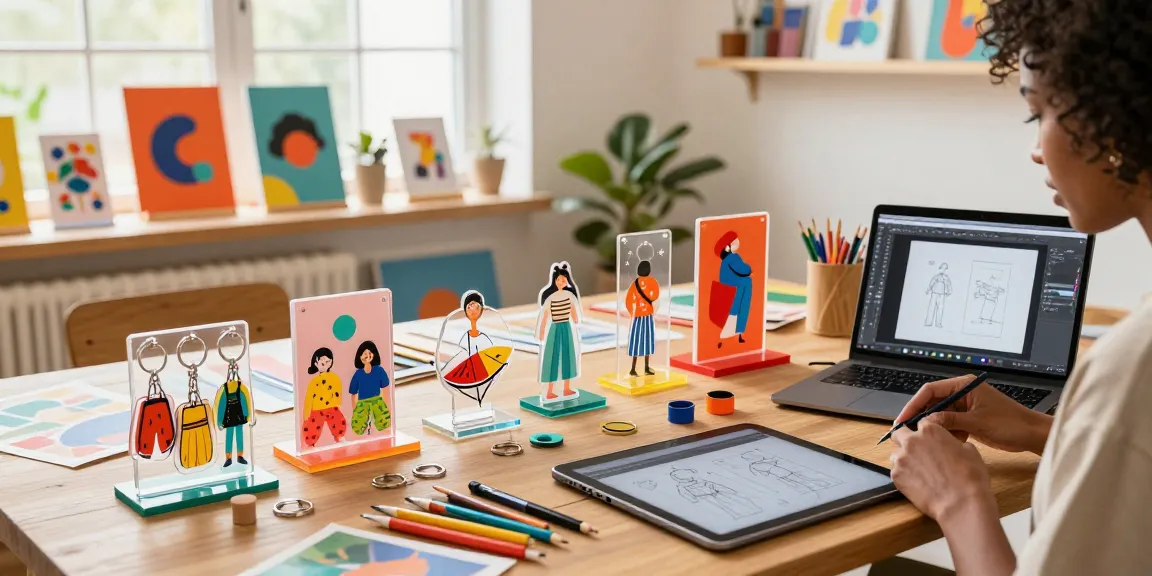 Custom acrylic stand display on a designer's table showcasing vivid colours and unique shapes.