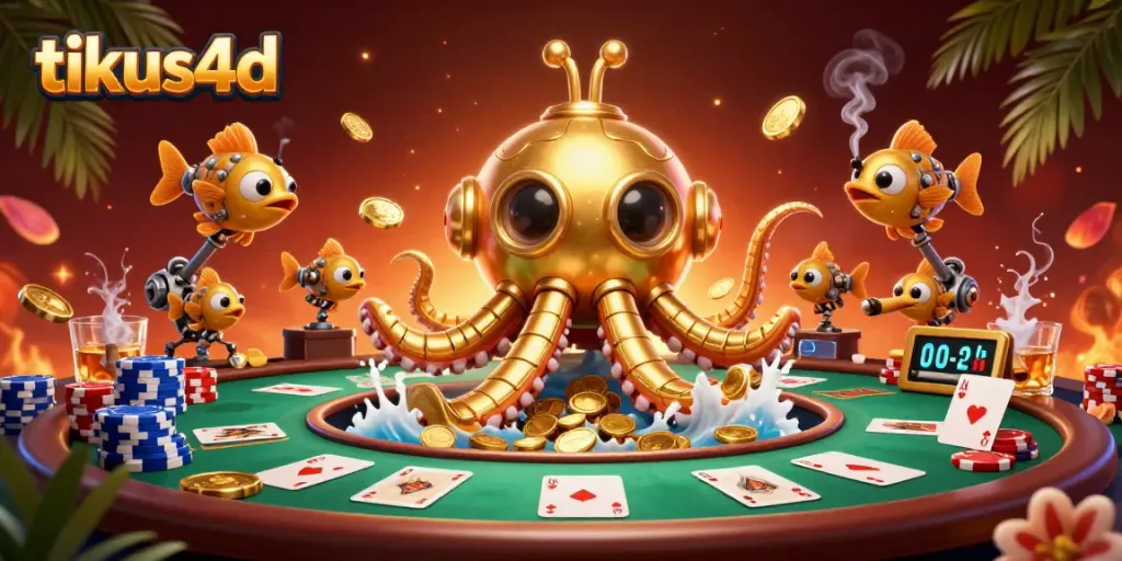 Tikus4d menghadirkan suasana mewah dengan kraken keemasan dan elemen judi seperti poker.