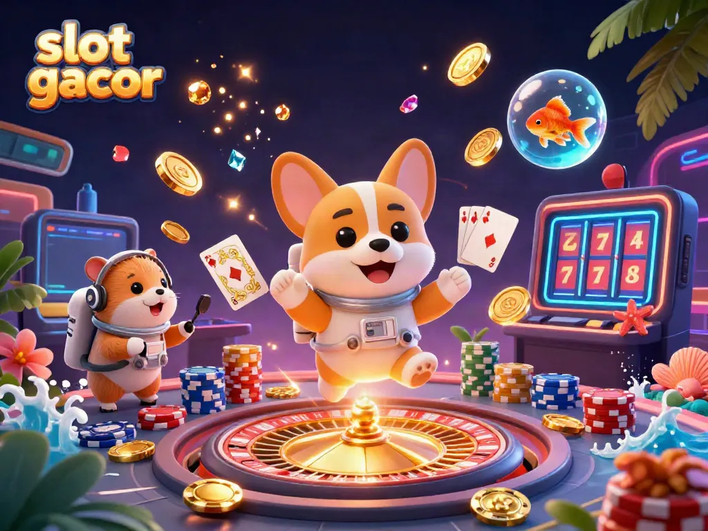 Experience slot gacor adventures as a cartoon astronaut corgi floats in a vibrant cosmic casino.