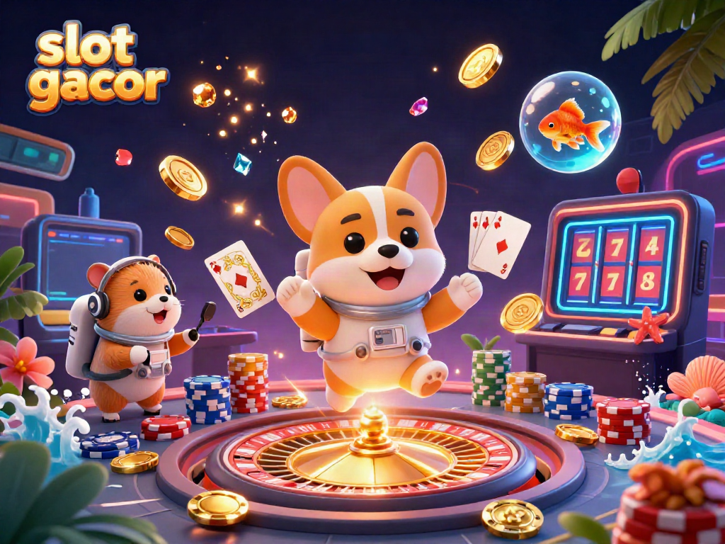 Experience slot gacor adventures as a cartoon astronaut corgi floats in a vibrant cosmic casino.