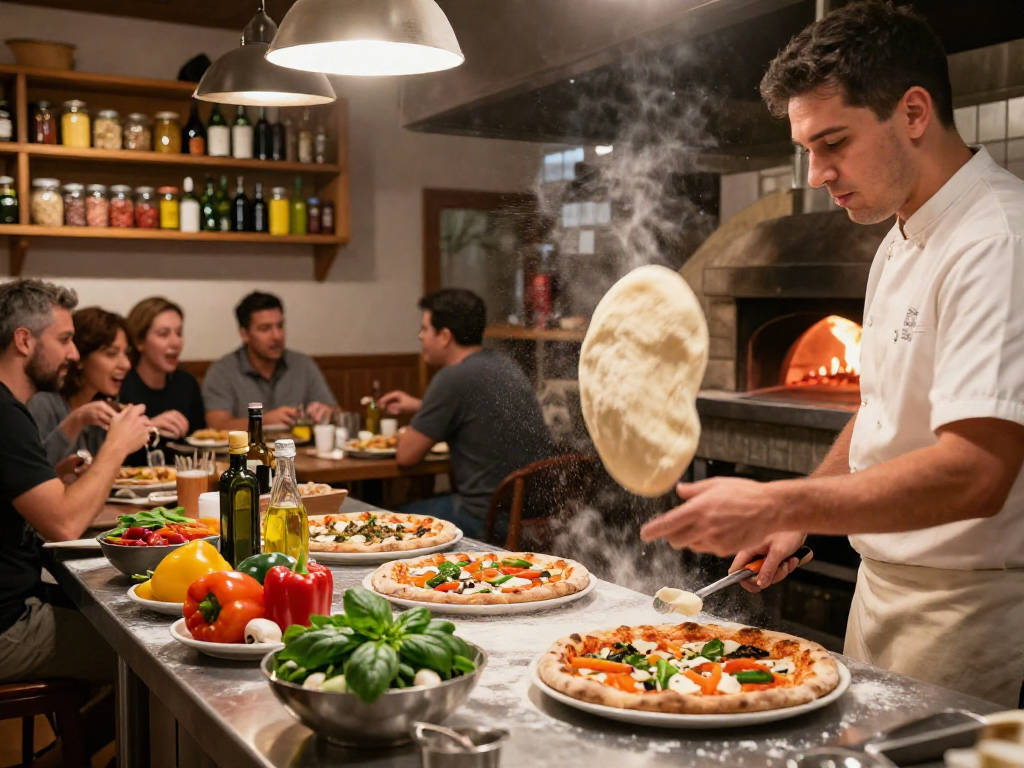Chef tossing pizza dough in a bustling kitchen, highlighting the slot menu's culinary artistry.