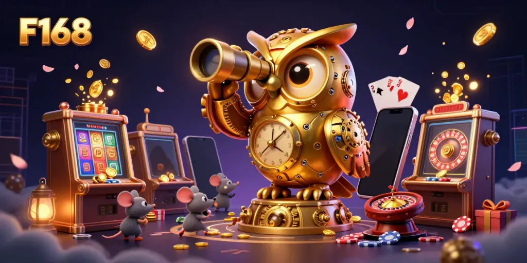 Engage with F168's thrilling casino scene centered around a clockwork owl amidst slot games and vibrant action.