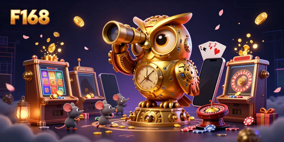 Engage with F168's thrilling casino scene centered around a clockwork owl amidst slot games and vibrant action.