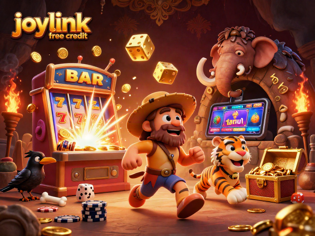 Play and win with joylink free credit in a vibrant prehistoric casino scene featuring animated characters.