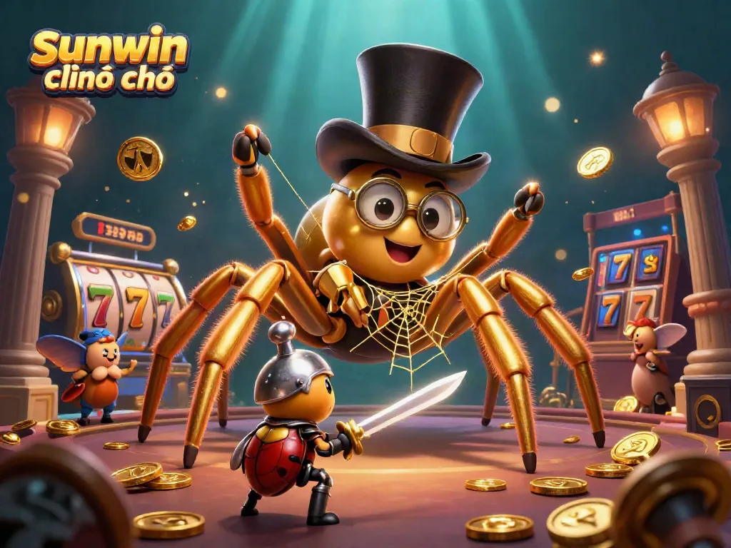 Engage in thrilling gameplay at sunwin chính chủ, with a whimsical scene featuring a golden tarantula weaving its web amid casino pillars.