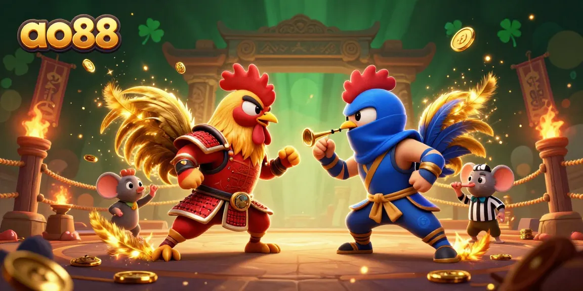 Engage in epic rooster battles at ao88 with dramatic action and vibrant casino elements.