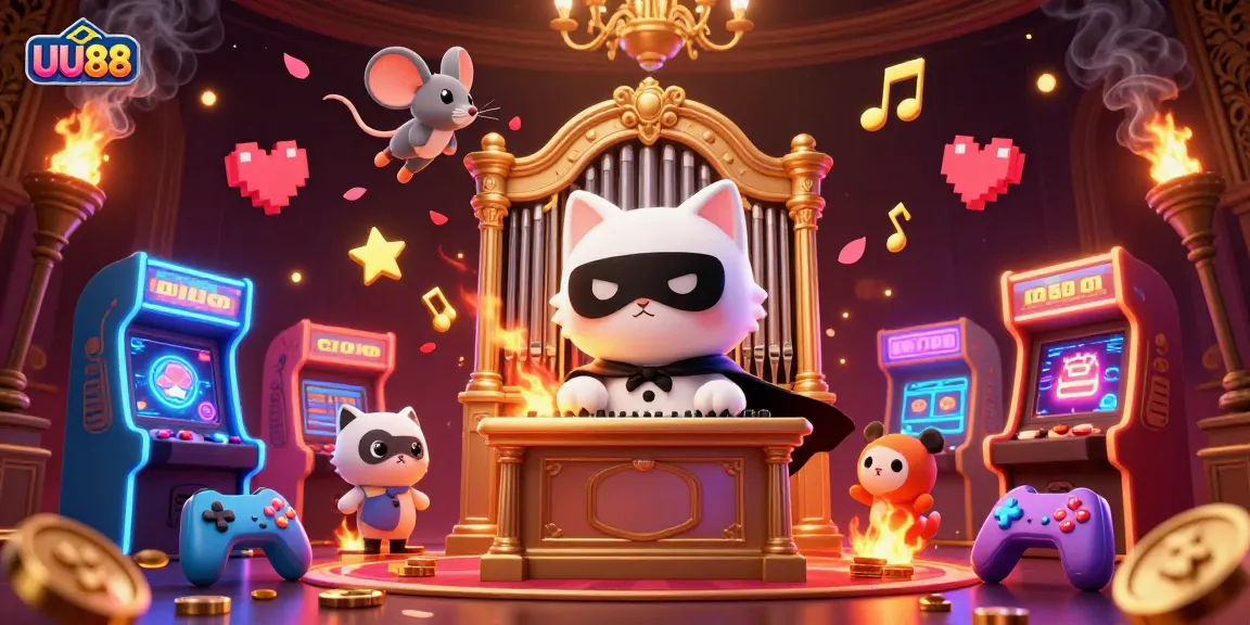 UU88 captivating casino illustration with a phantom cat, mouse acrobat, and vibrant gaming elements.