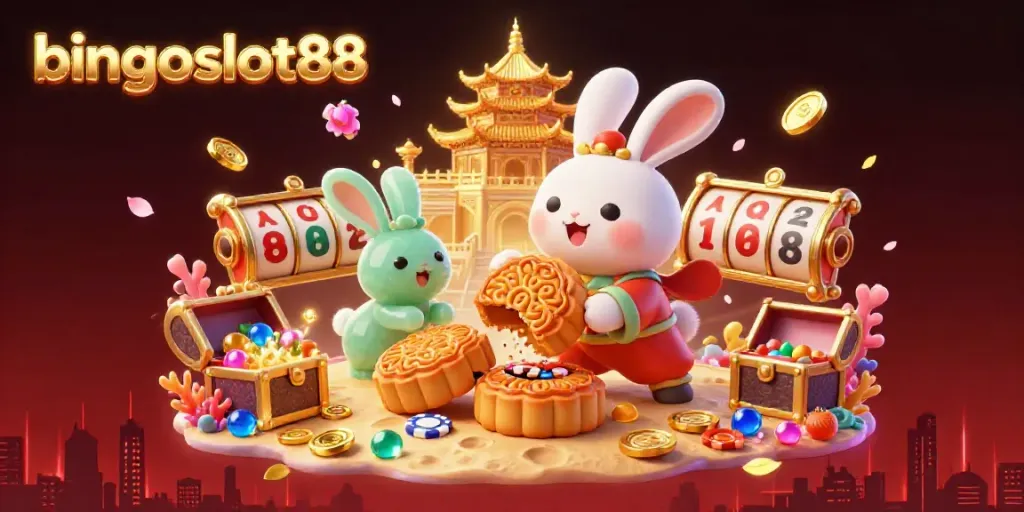 Visualisasi bingoslot88 yang memukau dengan karakter kelinci bulan dan simbol permainan yang menarik.