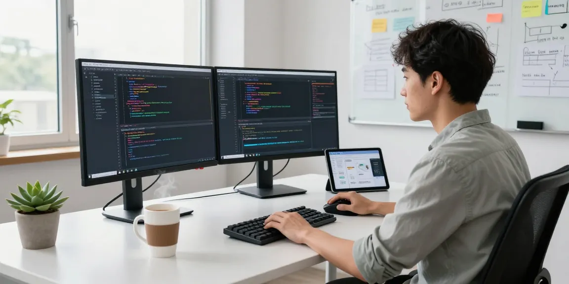 Dynamic software development workspace showcasing rtischeduler.co.uk with engineers coding and collaborating.
