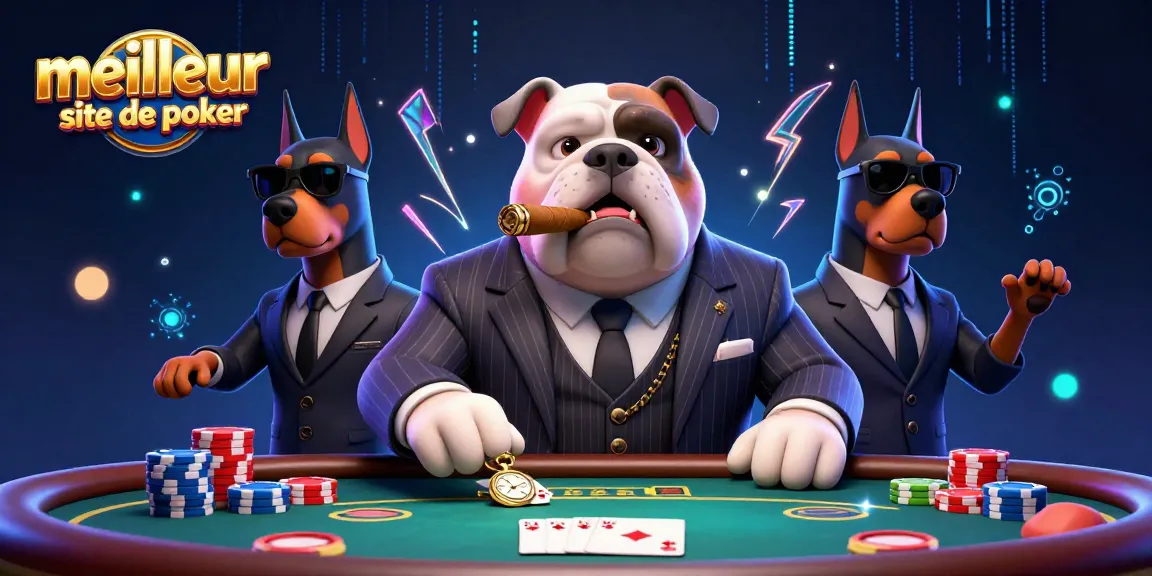 Jouez sur le meilleur site de poker avec un bulldog et ses gardes du corps autour d'une table de poker.
