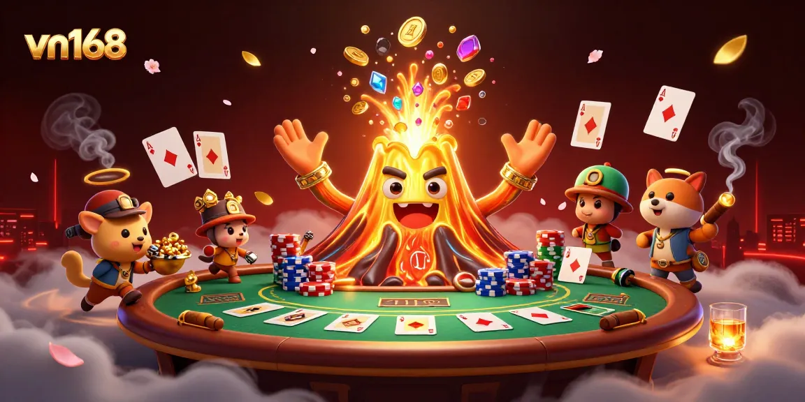Experience excitement with vn168's dynamic 3D casino scene featuring a golden volcano and poker elements.
