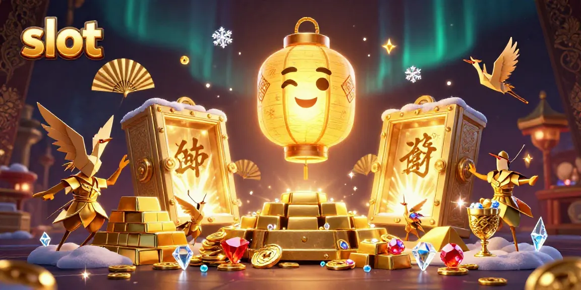 Engage in thrilling slot games enhanced by a vibrant scene with lucky symbols and treasure.