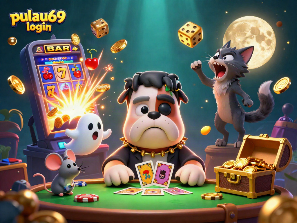 Engage with exciting pulau69 login gameplay at a vibrant casino scene illuminated with magical characters and rich details.