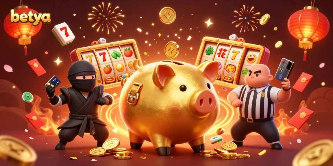 Betya's golden piggy bank sumo wrestler and friends celebrate with coins in a casino-themed illustration.