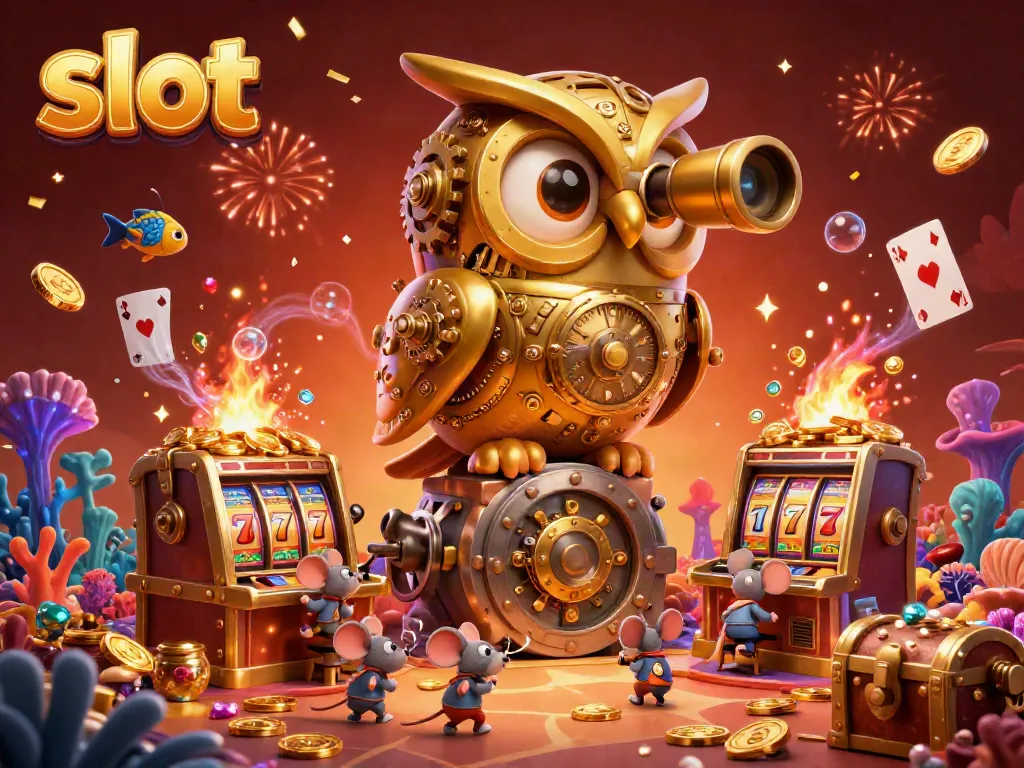 Experience exciting slot action in this vibrant 3D casino illustration featuring a golden owl and wind-up mouse patrons.