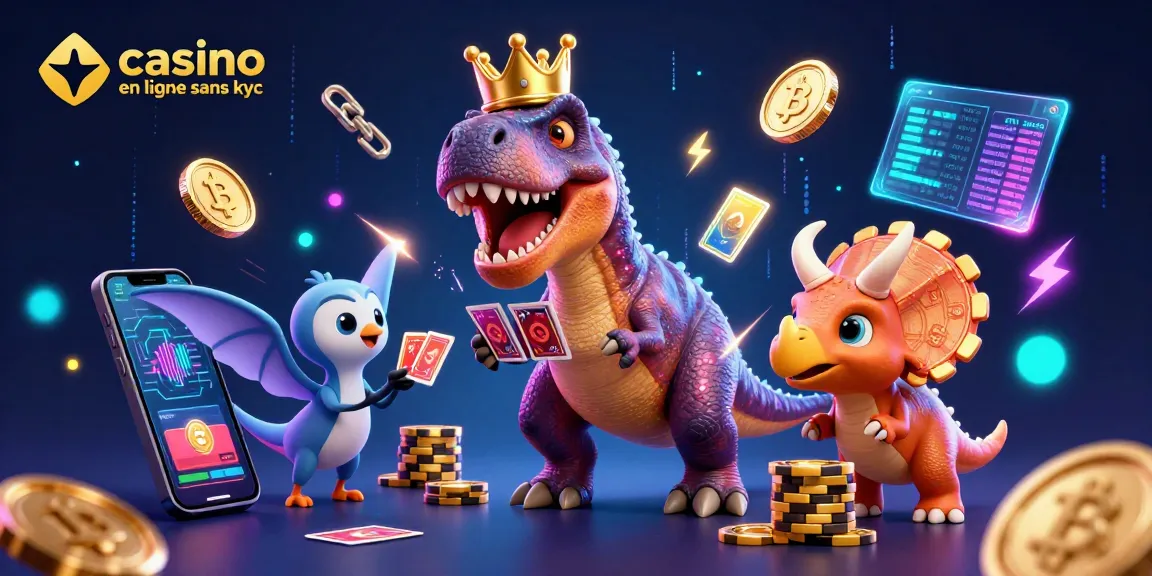 Découvrez le casino en ligne sans KYC avec une scène animée mettant en vedette un Tyrannosaure drôle, un ptérodactyle et un tricératops, entourés de pièces de crypto-monnaie.