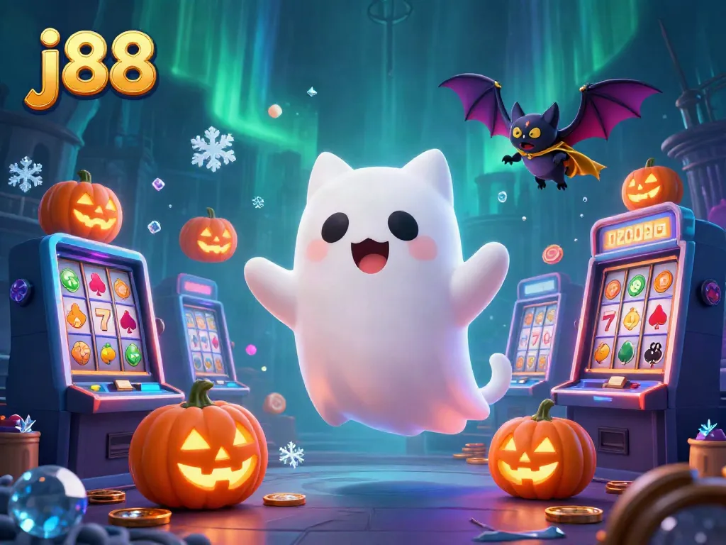 Engage in thrilling j88 slot action with a friendly ghost cat and bat in a haunted casino.