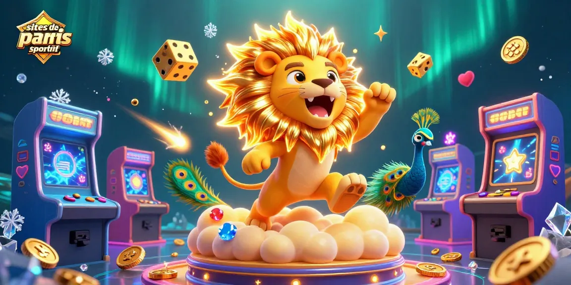 Visualisez les sites de paris sportifs fiables avec des éléments de jeu fascinants et un lion vibrant dans l'espace.