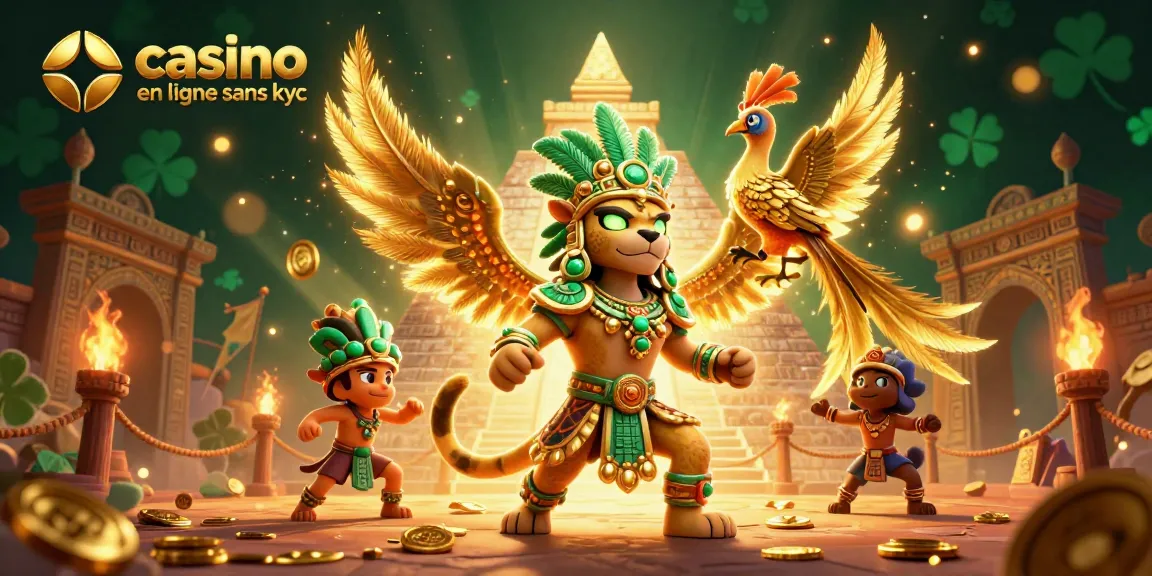 Action dans un casino en ligne sans KYC, héros en jeu entouré de lumières dorées et de pièces.