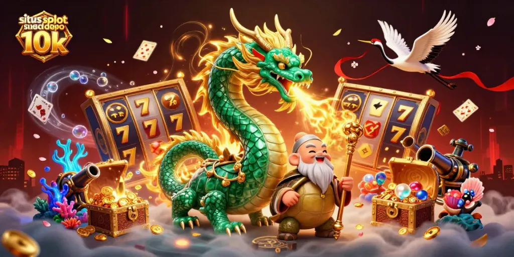 Engage with situs slot depo 10k's vibrant online slot experience featuring golden dragons and lucky symbols.