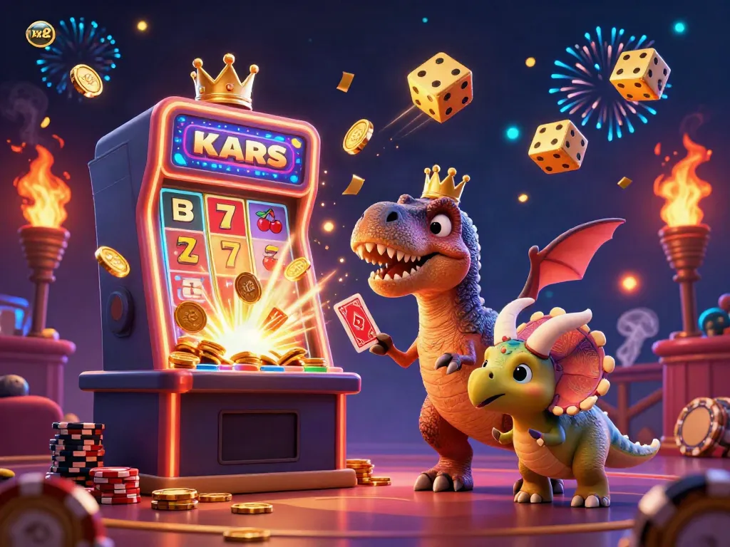 Experience thrilling gameplay at xx8 with a friendly T-Rex and vibrant casino elements bursting with energy.