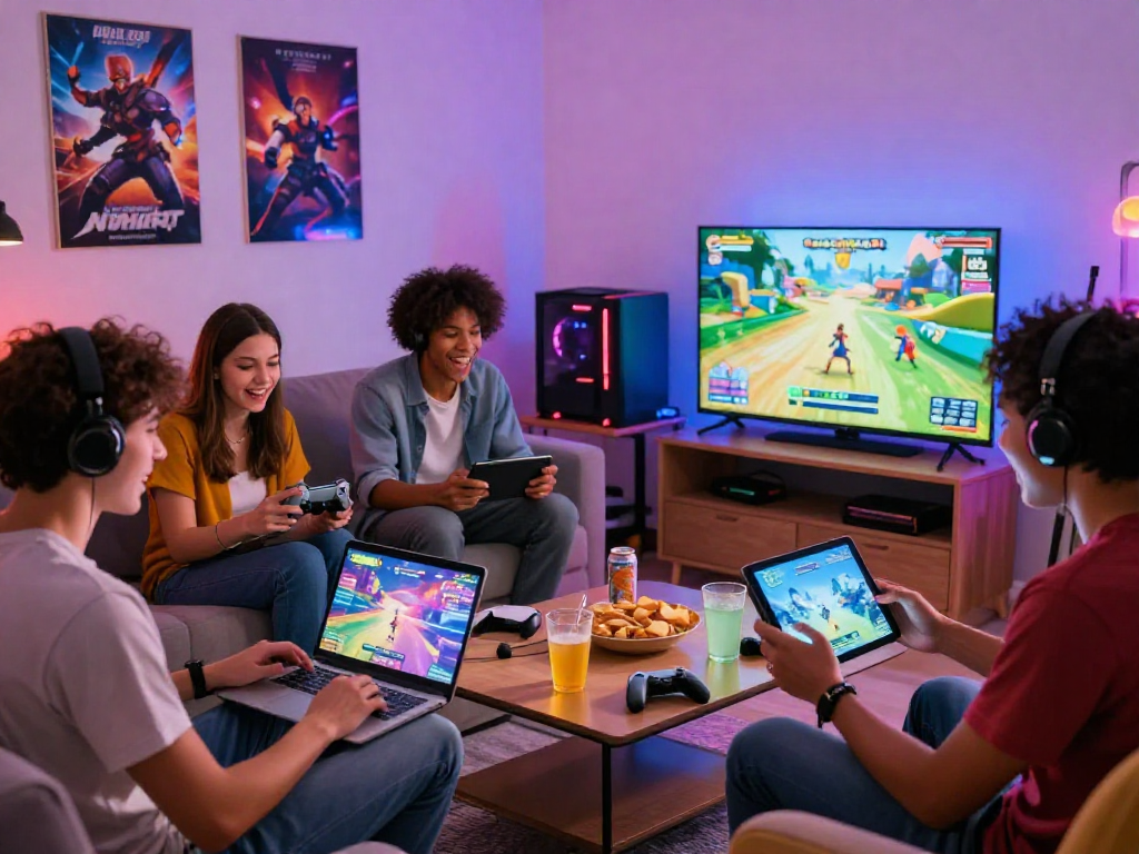 Excited friends playing porn games on devices in a vibrant living room.