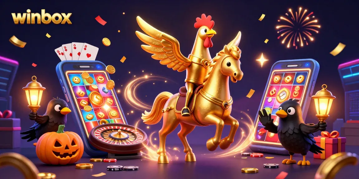Winbox casino illustration featuring a golden rooster riding a spectral horse amidst a vibrant gaming scene.