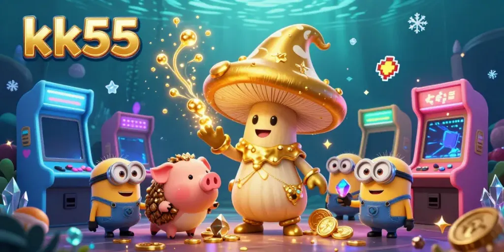 Engage with the magical world of kk55 where a golden mushroom wizard and pig familiar discover treasures amid arcade games and gold.
